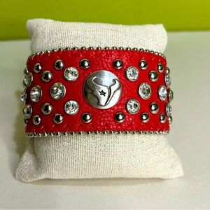 NFL Houston Texans Football Red Silver Leather Rhinestone Cuff Bracelet